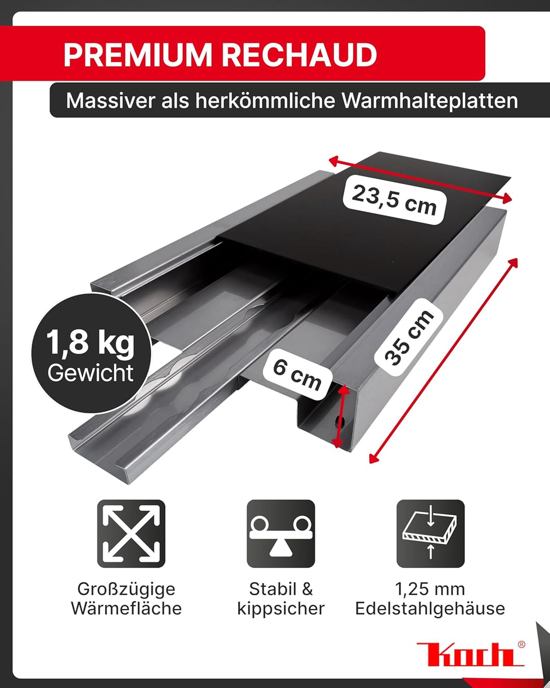 Koch #00 Edelstahl Rechaud/Stövchen mit eloxierter Wärmeplatte und flexiblem Teelichtauszug für 3 Te