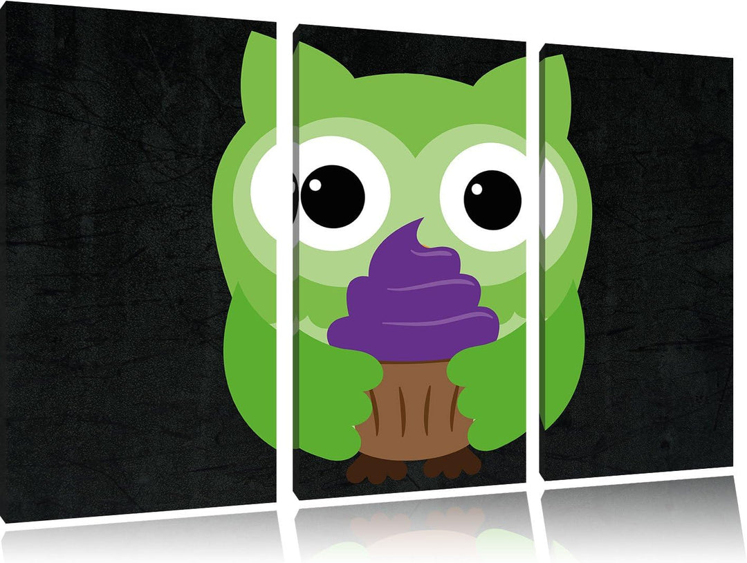 Pixxprint Eule mit Cupcake als Leinwandbild/Grösse: 3 Teilig (120x80) cm/Wandbild/Kunstdruck/fertig