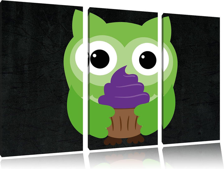 Pixxprint Eule mit Cupcake als Leinwandbild/Grösse: 3 Teilig (120x80) cm/Wandbild/Kunstdruck/fertig