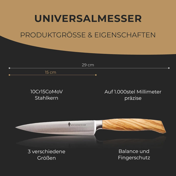 KÜCHENSCHARF Profi Universalmesser 9 cm mit Olivenholzgriff - Ergonomisches Kochmesser aus 100% Edel