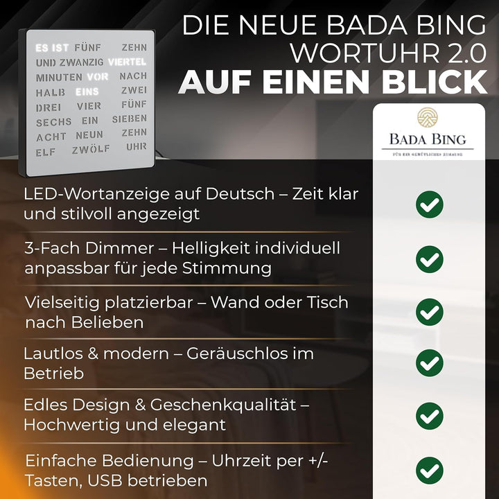 Bada Bing Edle LED Wortuhr Uhr Deutsche Wort Anzeige mit USB Kabel Metall Optik Silber Design Wanduh