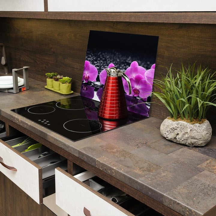 SmartDecoration Herdabdeckplatte Ceranfeldabdeckung aus Glas 60x52 cm Einteilig Motiv "Blumen" Viole