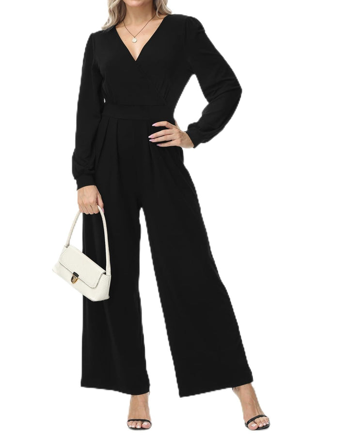 Tanmolo Damen Lang Jumpsuit Langarm V-Ausschnitt Overall Elegant Hosenanzug Weites Bein Romper Mit T