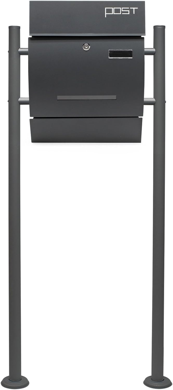 Wiltec Set Designer Briefkasten V4 Anthrazit 350 x 95 x 445 mm mit Ständer, Wandbriefkasten mit Schl