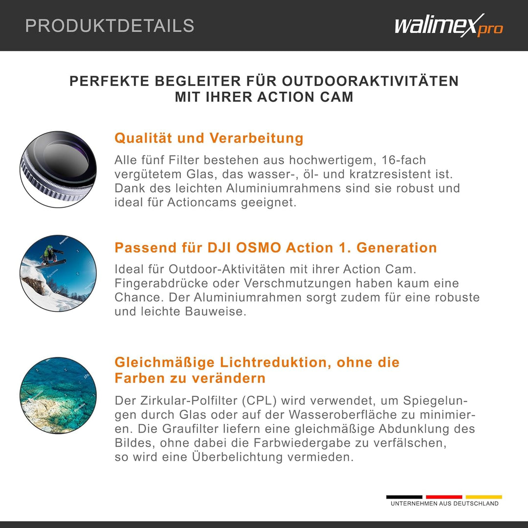 Walimex pro Filter Set für DJI OSMO Action CPL/ND MC - Kit aus ND4 ND8 ND16 ND32 und Polfilter 16x m