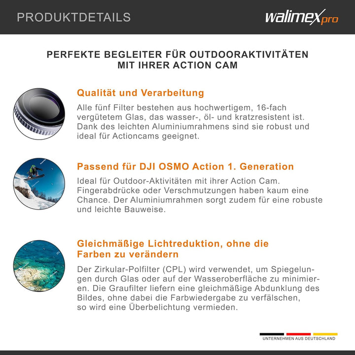 Walimex pro Filter Set für DJI OSMO Action CPL/ND MC - Kit aus ND4 ND8 ND16 ND32 und Polfilter 16x m