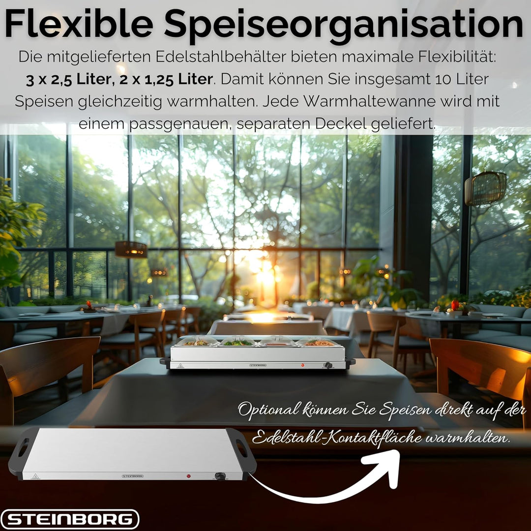 Steinborg® Buffetwärmer XXL elektrische Warmhalteplatte mit Deckel Speisewärmer 450 Watt 5 Speisebeh