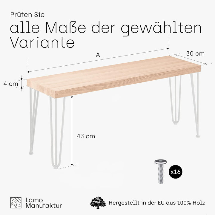 LAMO Manufaktur Sitzbank Esszimmer Holzbank Bettbank 30x60x47 cm, Möbelfüsse Creative Weiss/Roh, LSB