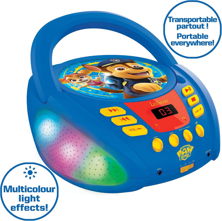 Lexibook, Paw Patrol, Bluetooth-CD-Player für Kinder, tragbar, mehrfarbige Lichteffekte, Mikrofonbuc