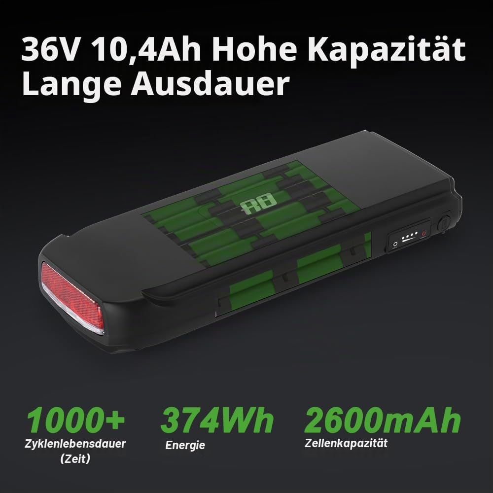 E-Bike Battrie 36V 10,4Ah Li-ion Akku mit Ladegerät für 250W-500W Elektrofahrrad Pedelec Phylion Joy