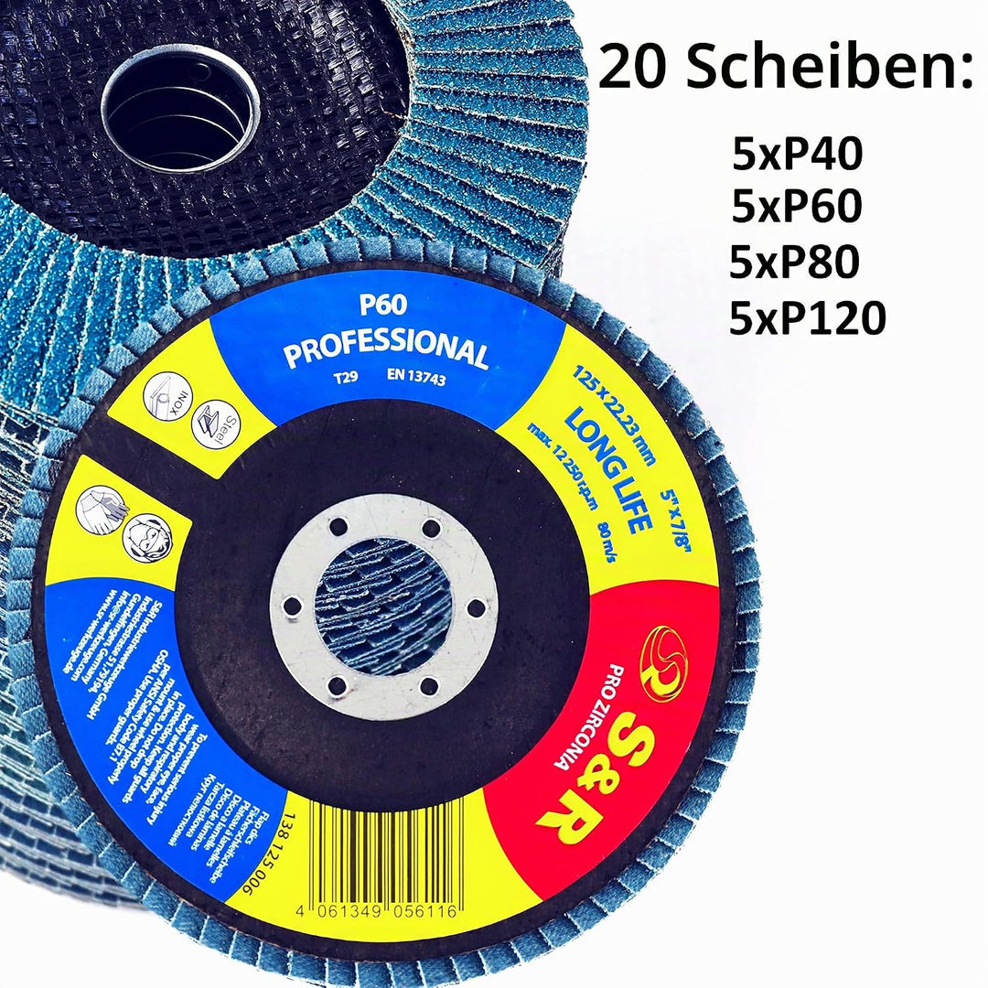 S&amp;R Fächerschleifscheiben Set 20 St., 125 x 22,23 mm, Profi Qualität, Fächerscheiben, T29, Lamellens