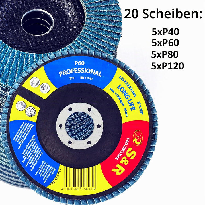 S&amp;R Fächerschleifscheiben Set 20 St., 125 x 22,23 mm, Profi Qualität, Fächerscheiben, T29, Lamellens