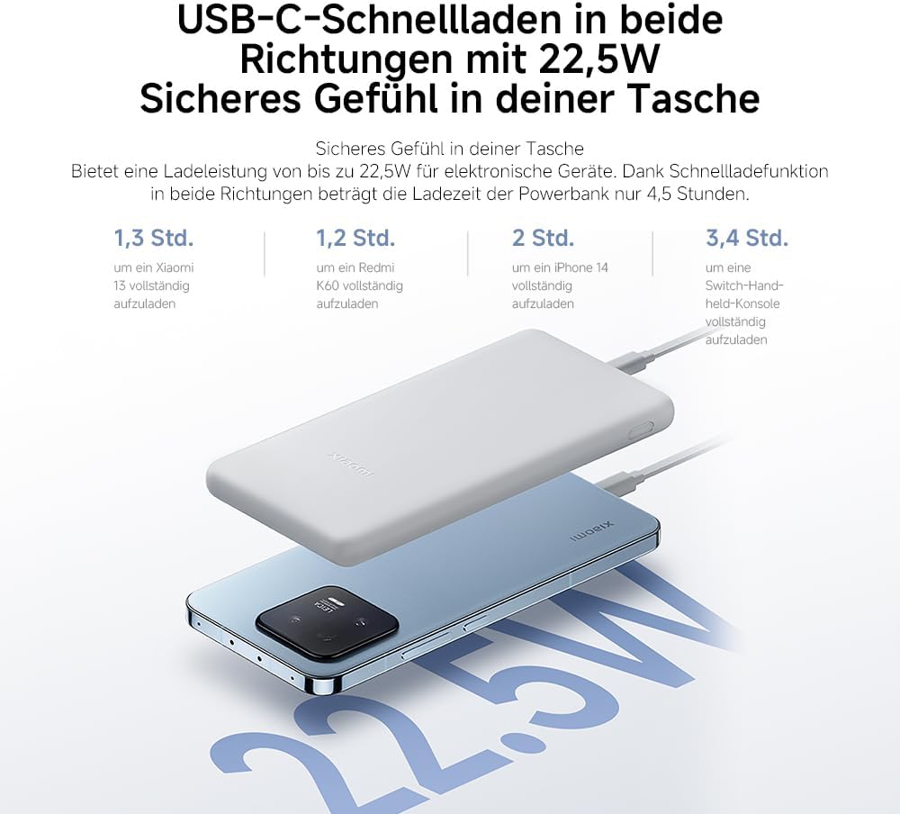 Xiaomi Power Bank 10000mAh Lite GL USB-C 22.5W, USB-C Schnellladen, Ladet 3 Geräte gleichzeitig, Flu