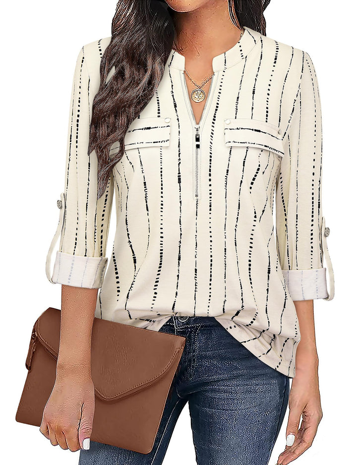 Siddhe Damen V-Ausschnitt Bluse 3/4 Ärmel Tunika mit Reissverschluss Elegant Longbluse Lange Shirt C