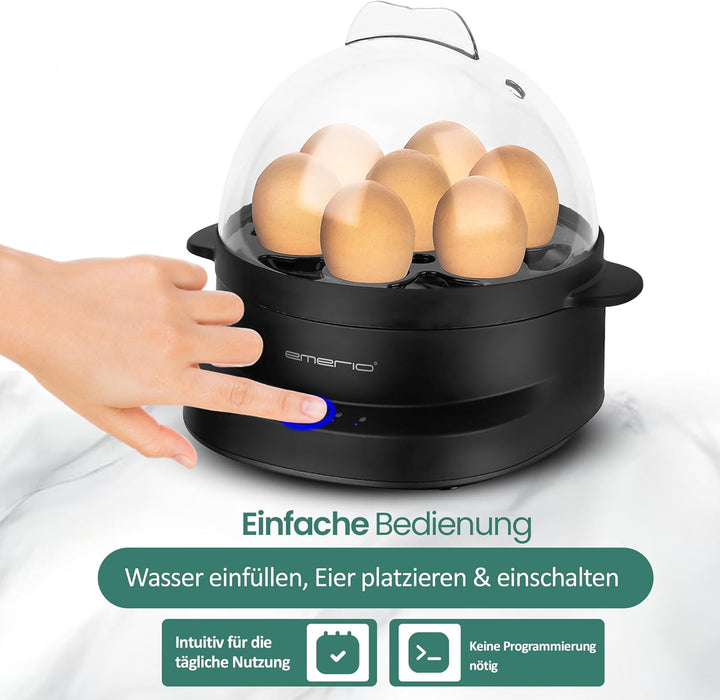 EMERIO einzigartiger Eierkocher kocht alle drei Garstufen [weich|mittel|hart] in nur einem Kochvorga