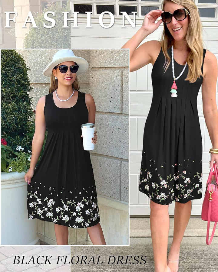 KILIG Sommerkleid Damen Strandkleid Midi Ärmellose Kleid Sommer Leicht Blumenkleid Freizeitkleid A1-