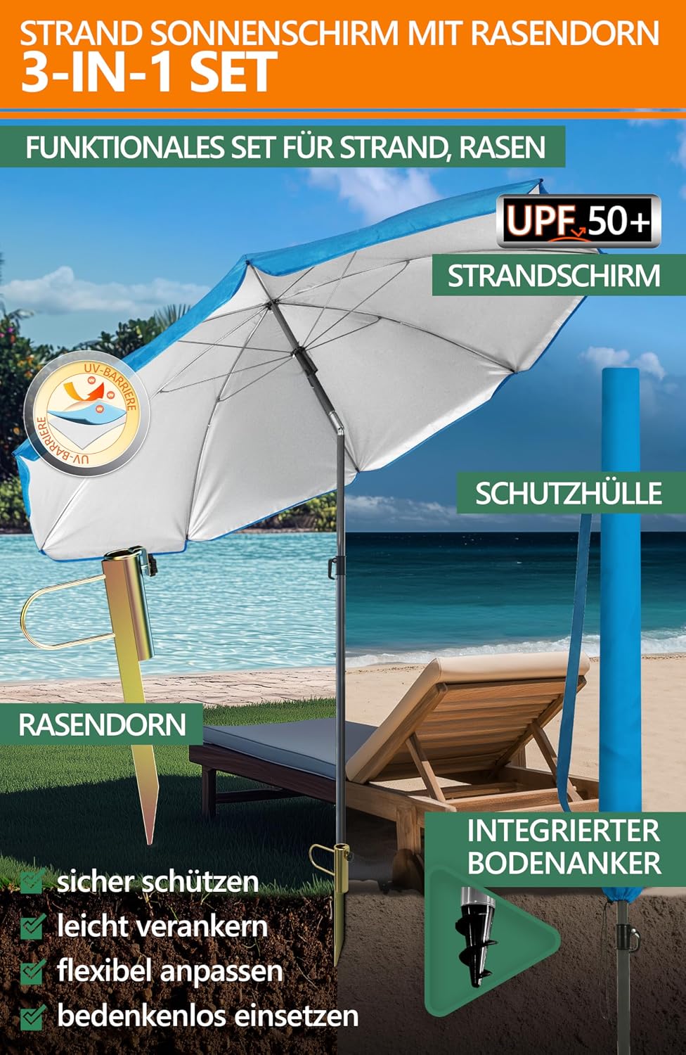 4smile SunnyJoy 3-IN-1 Set mit Sonnenschirm Strand in Blau - Strandschirm windfest stabil 200 cm mit