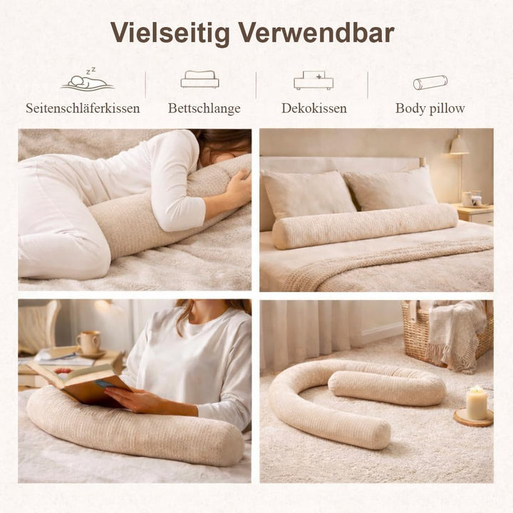 Seitenschläferkissen aus 100% Baumwolle – Bettschlange Body Pillow, Lange Kopfkissen Bettrolle, Nack