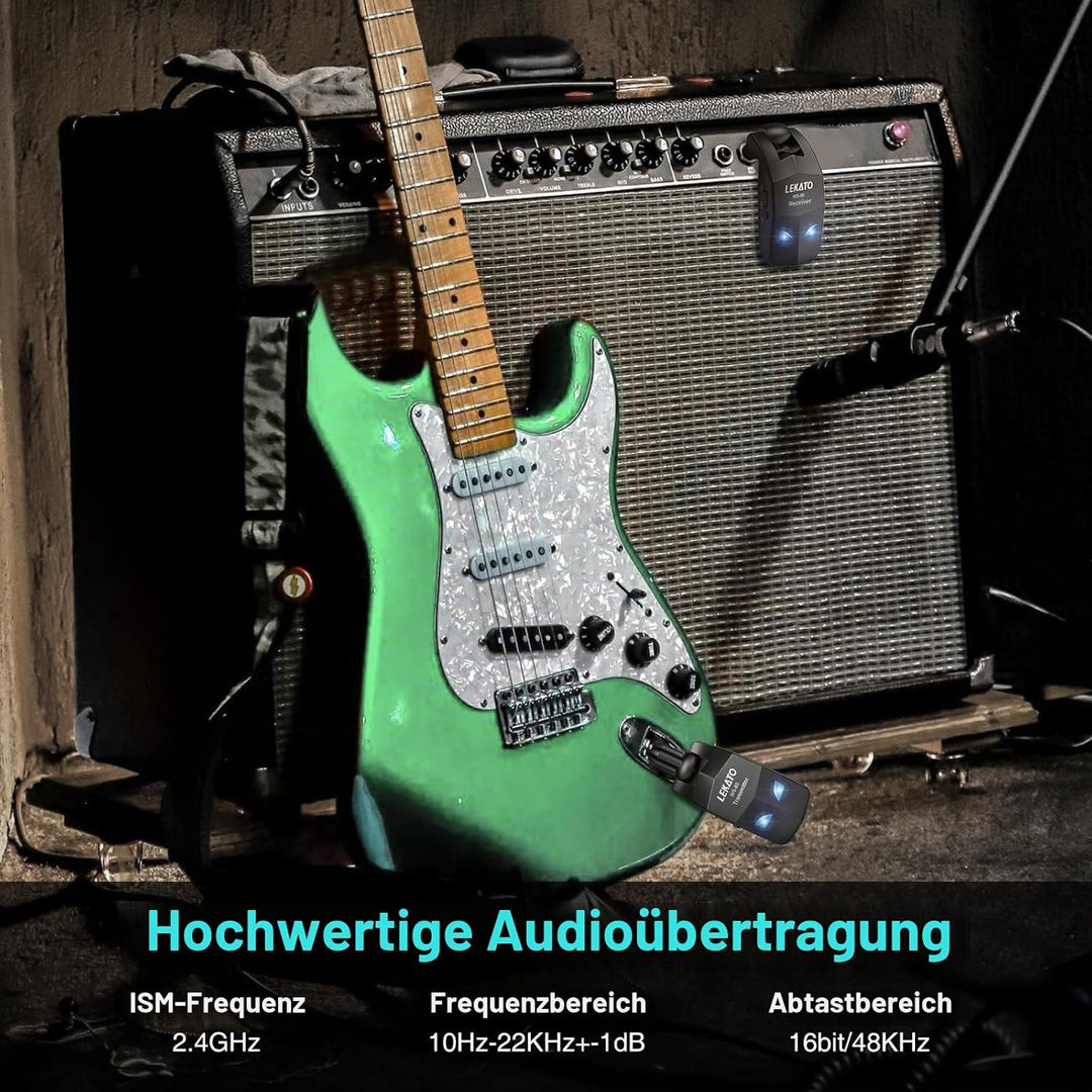 LEKATO 2,4 GHz kabelloses Gitarrensystem, kabelloser Gitarrensender und -empfänger, wiederaufladbare