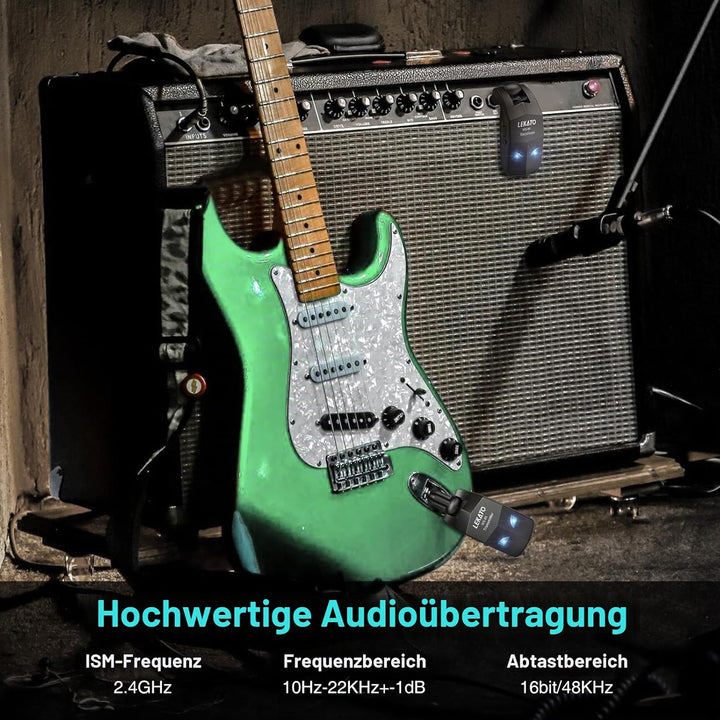 LEKATO 2,4 GHz kabelloses Gitarrensystem, kabelloser Gitarrensender und -empfänger, wiederaufladbare