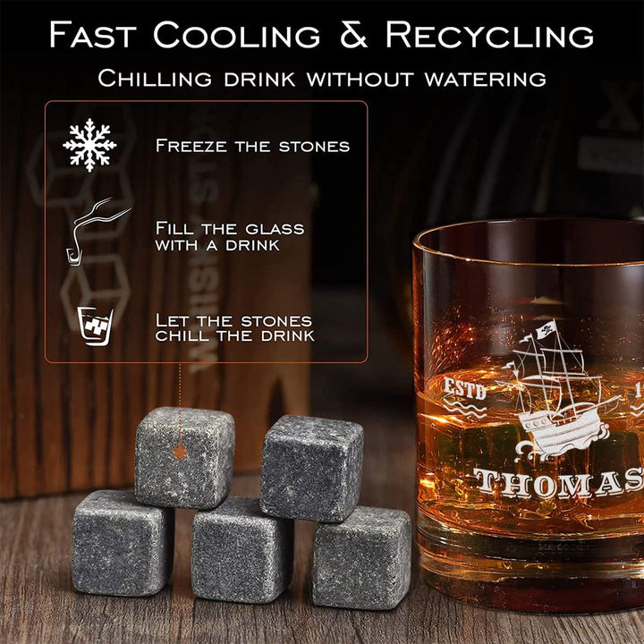 5-TLG Whisky Steine Set personalisiert - 9x Eiswürfel, 1x Holzkiste, 1x Zange, 1x Whiskyglas und 1x