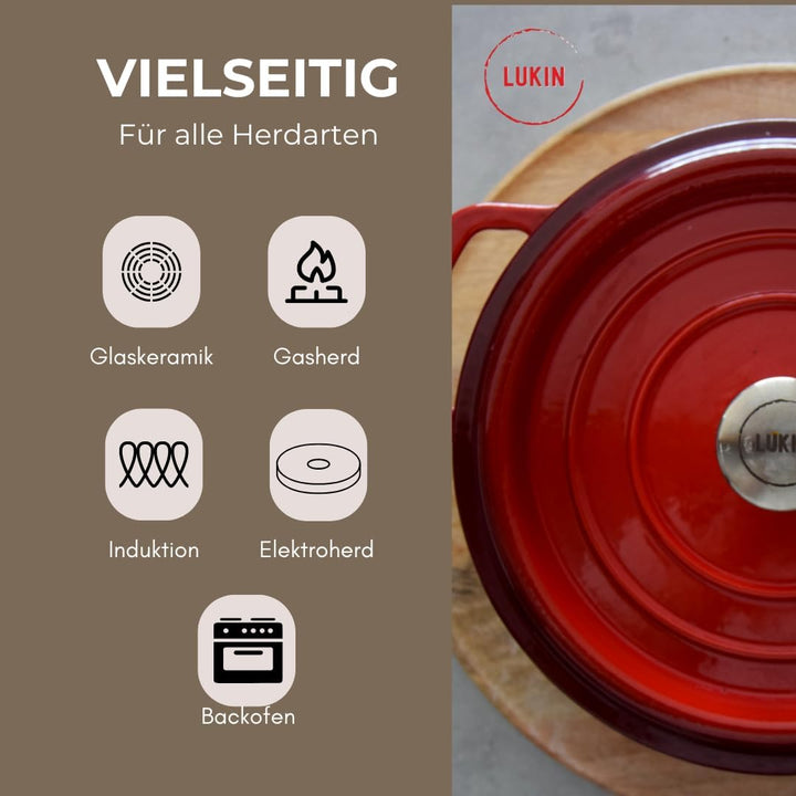 Lukin Schmortopf aus Gusseisen | Emailliert | Kirschrot | 24 cm - 3,5L | Bräter mit Deckel | für all