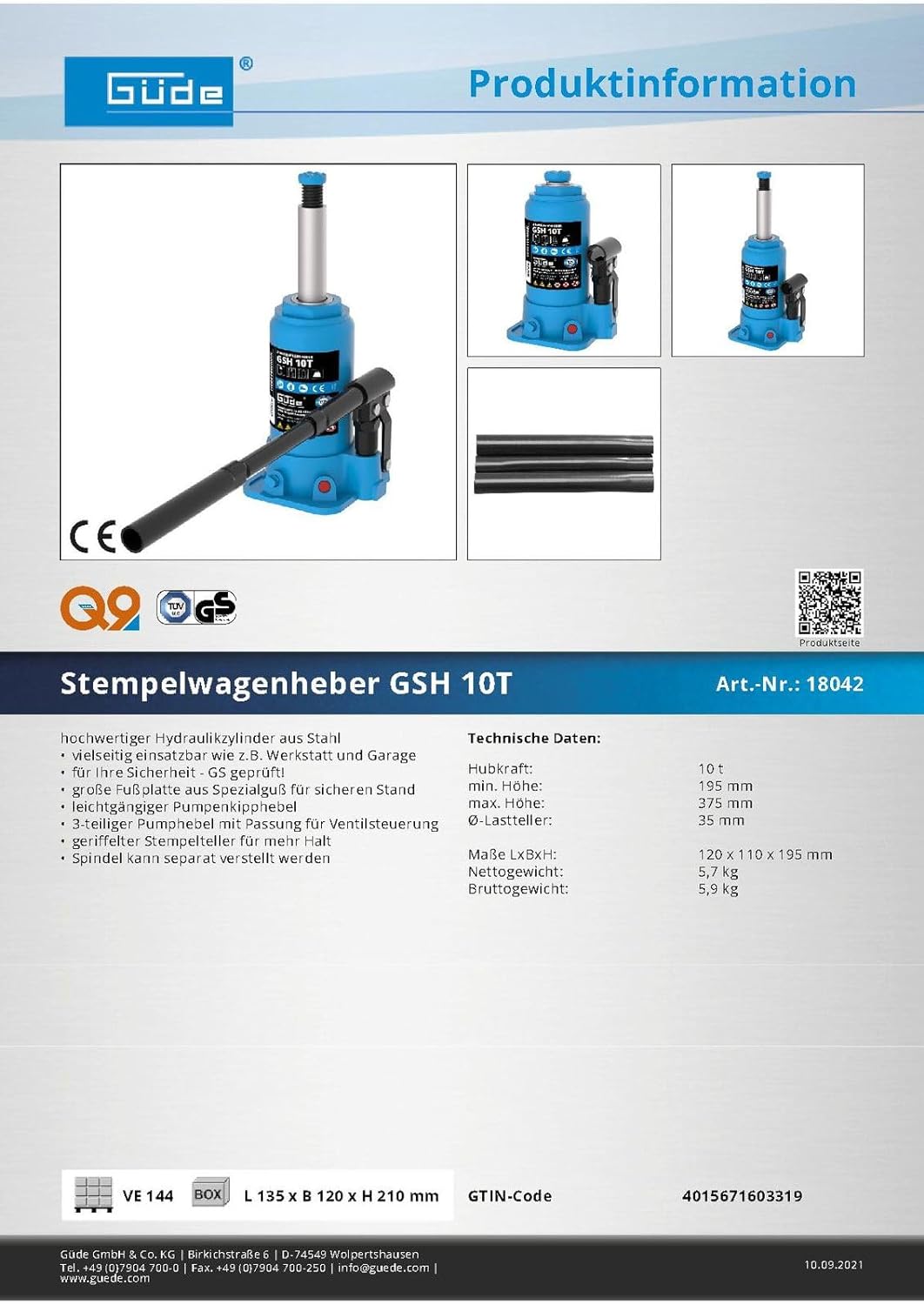 Güde Stempelwagenheber GSH 10T