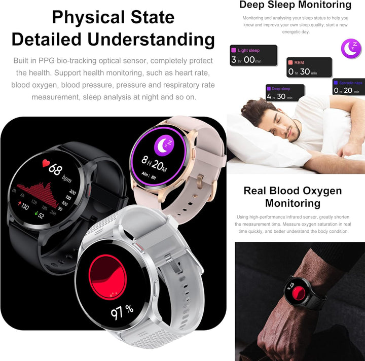 Smartwatch Herren mit Telefonfunktion 1,43" HD Voll Touchscreen Uhren Fitness Tracker 15 Sportmodi A