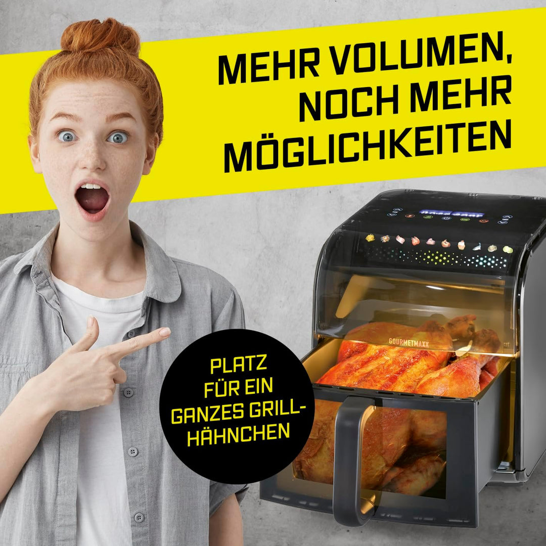 GOURMETmaxx Heissluftfritteuse mit Sichtfenster & Panoramadach - 7 L | stylisher Airfryer inkl. Shak