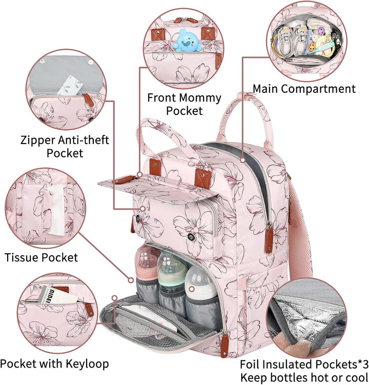 Legestori Diaper Bag Backpack, Baby Girl Diaper Bag with Insulated Pockets and Stroller Straps Rosa,