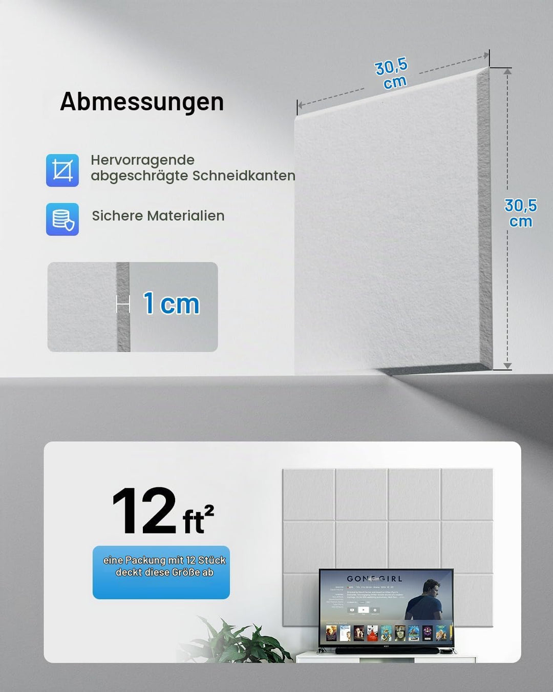 Quadratische 12 Stück Akustikplatten Selbstklebend, Schallabsorber Schallschutz Wand Hoher Dichte Sc
