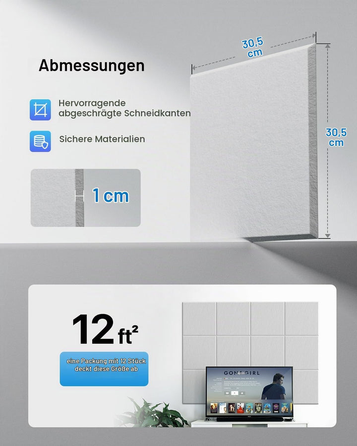 Quadratische 12 Stück Akustikplatten Selbstklebend, Schallabsorber Schallschutz Wand Hoher Dichte Sc