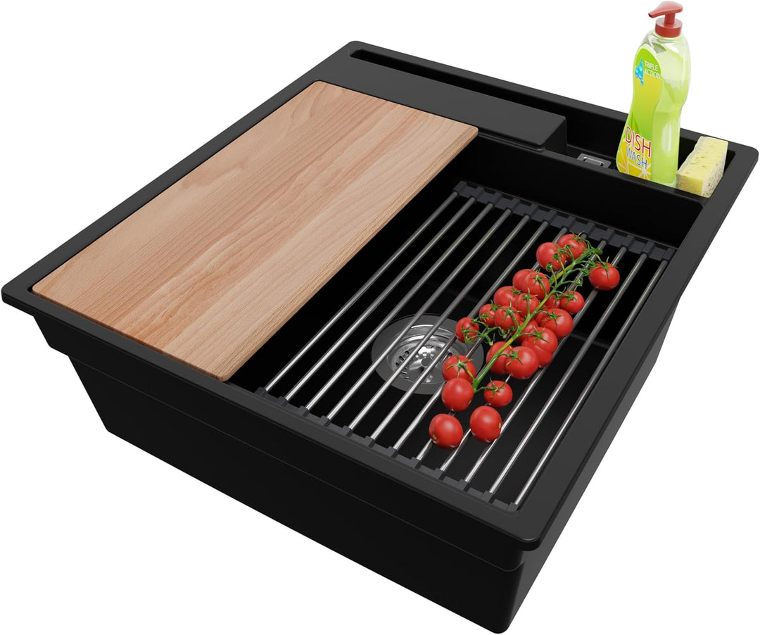 Spülbecken Schwarz 48x53 cm, Granitspüle 1 Becken + Ablauf-Set, Küchenspüle ab 50er Unterschrank, Ei