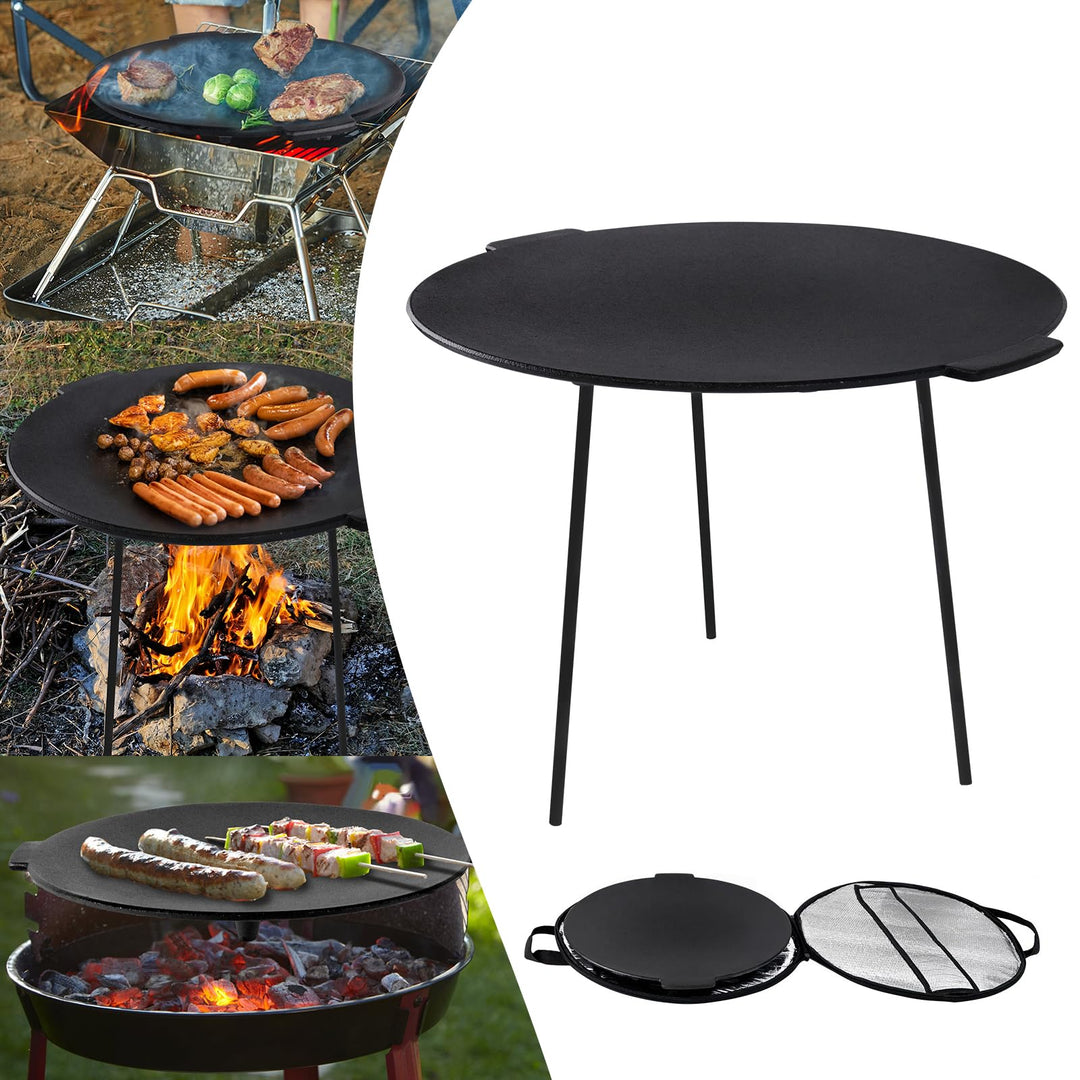 LZQ Gusseisengrillpfanne Rund Ø45cm, BBQ-Dreibein, Abnehmbare Grillplatte, Dutch Oven, Grillzubehör
