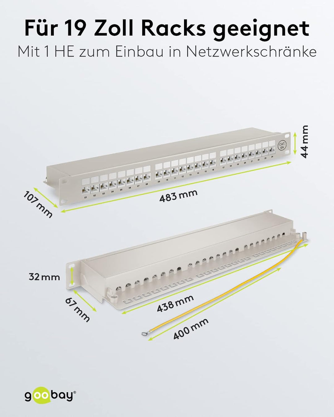 Goobay 90855 CAT 6A Patch Panel 19 Zoll / 24 Port RJ45 Buchsen Netzwerkstecker / 500 MHz LAN Patchfe