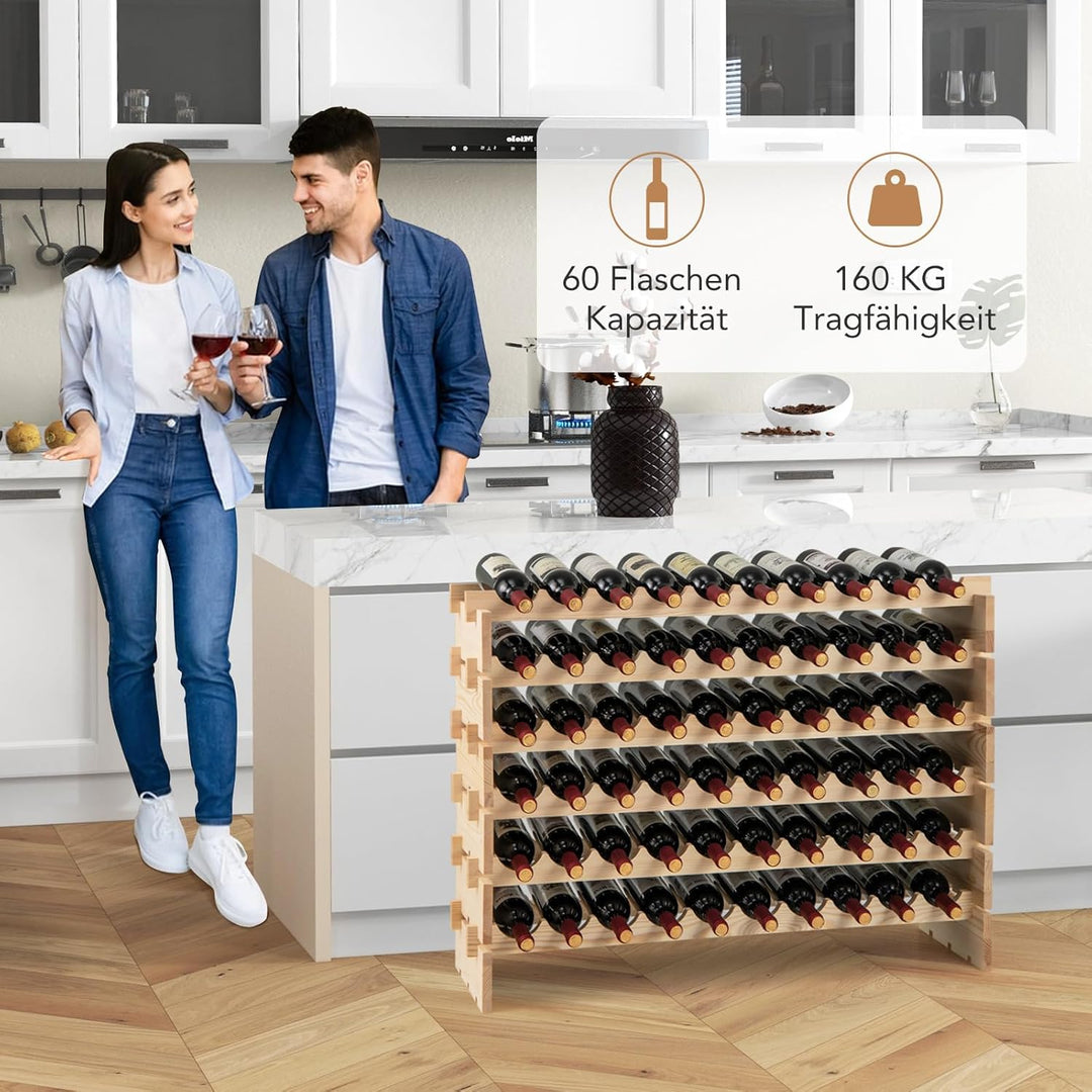 COSTWAY Weinregal Holz stapelbar, Flaschenregal für 60 Flaschen, Weinständer mit 6 Ebenen, Holzregal