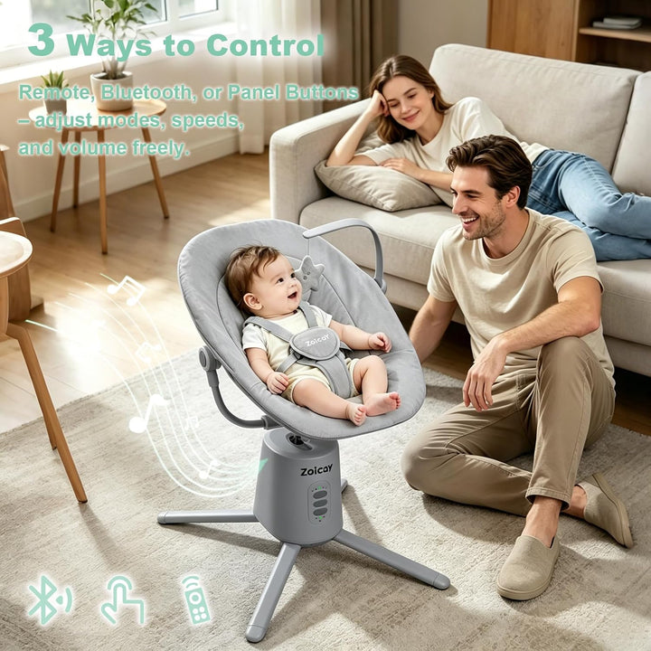 Babywippe Elektrisch mit 3 Modus 5 Tempo für Neugeborenes 0-9 Monate (Grau) | Babywippe 5-Punkt-Gurt