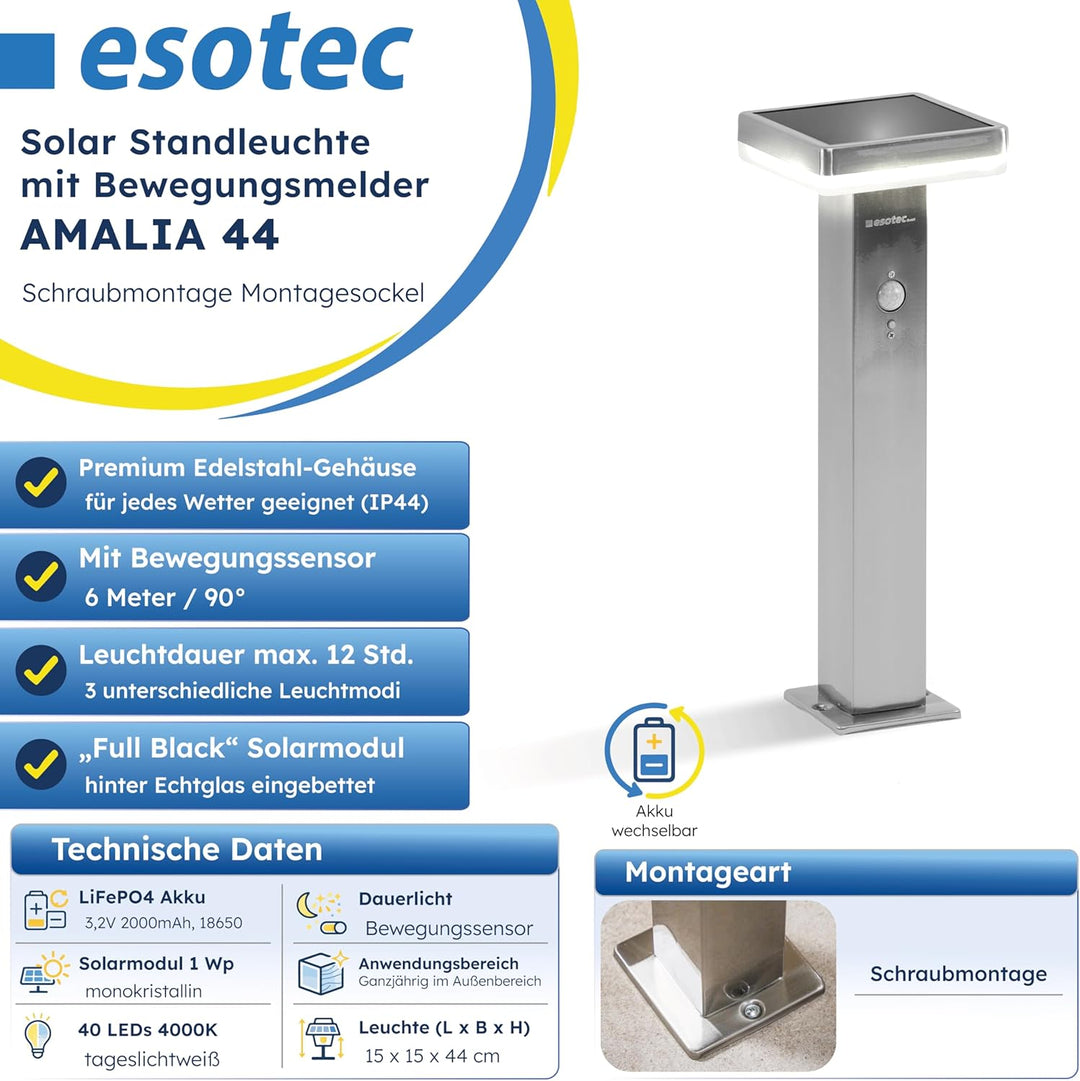 esotec Solar Gartenleuchte Standleuchte Amalia 44 mit Bewegungssensor, Edelstahl Glanz, 3 Betriebsmo
