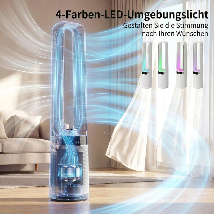HOMCOM Turmventilator ohne Rotorblätter, Leise Standventilator mit 45°-Oszillation, LED-Leuchte, 3 G