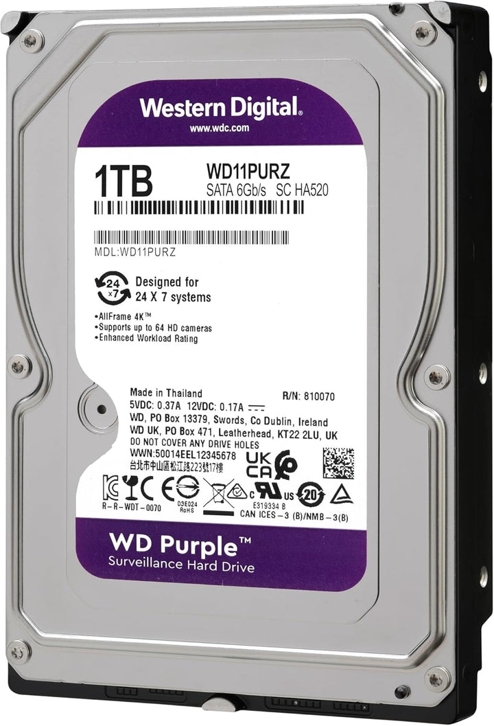 WD Purple interne Festplatte 1 TB (3,5 Zoll, 5400U/min, 360 TB/Jahr Workloads, SATA 6Gb/s, für Dauer