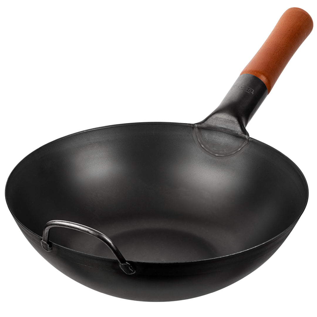YOSUKATA Wokpfanne aus Karbonstahl – 30 cm Woks und Rührpfannen – Chinesischer Wok mit flachem Boden