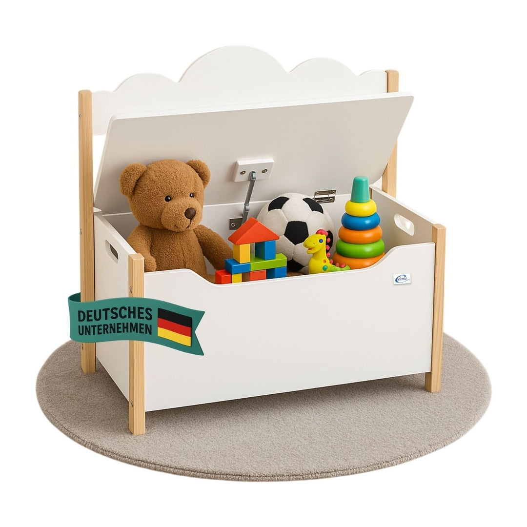 Coemo Spielzeugtruhe mit Sitzbank, Holztruhe Weiss Trudi 60×26×55 cm – Kinderzimmer Bank mit Staurau