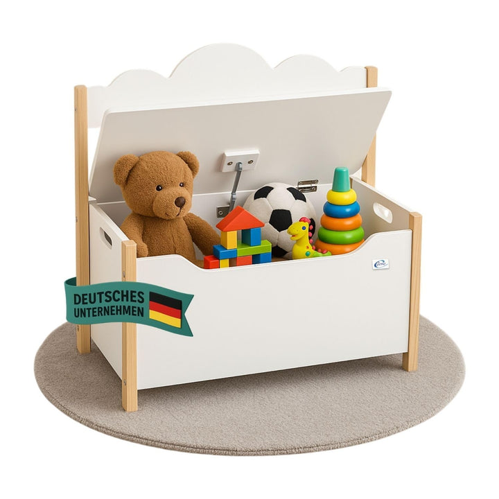 Coemo Spielzeugtruhe mit Sitzbank, Holztruhe Weiss Trudi 60×26×55 cm – Kinderzimmer Bank mit Staurau