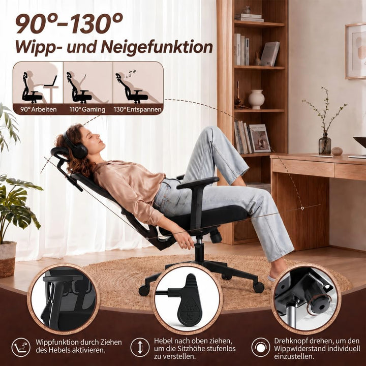 Ergonomischer Bürostuhl, Schreibtischstuhl mit Kopf-Lendenstütze | Höhenverstellbar,Verstellbare Arm