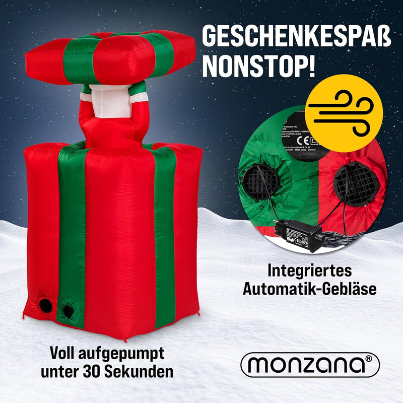 MONZANA® Aufblasbarer Weihnachtsmann 152cm Springt-aus-der-Box LED Beleuchtet IP44 Aussen Weihnachte