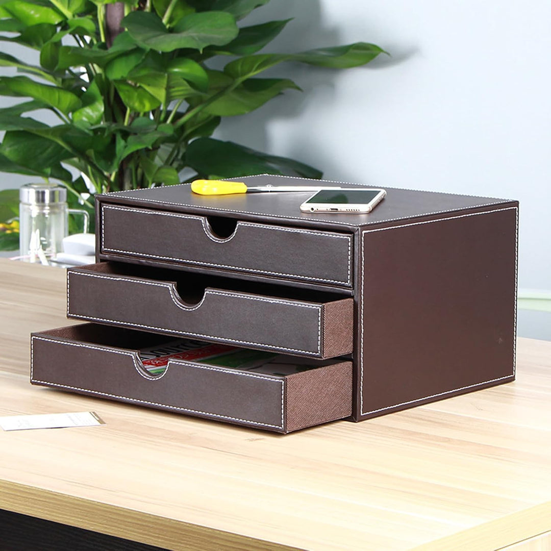 Desktop Leder Schreibtisch Schubladenbox mit 3 Schubladen a4,Aufbewahrungsbox,PU-Leder Schreibtisch