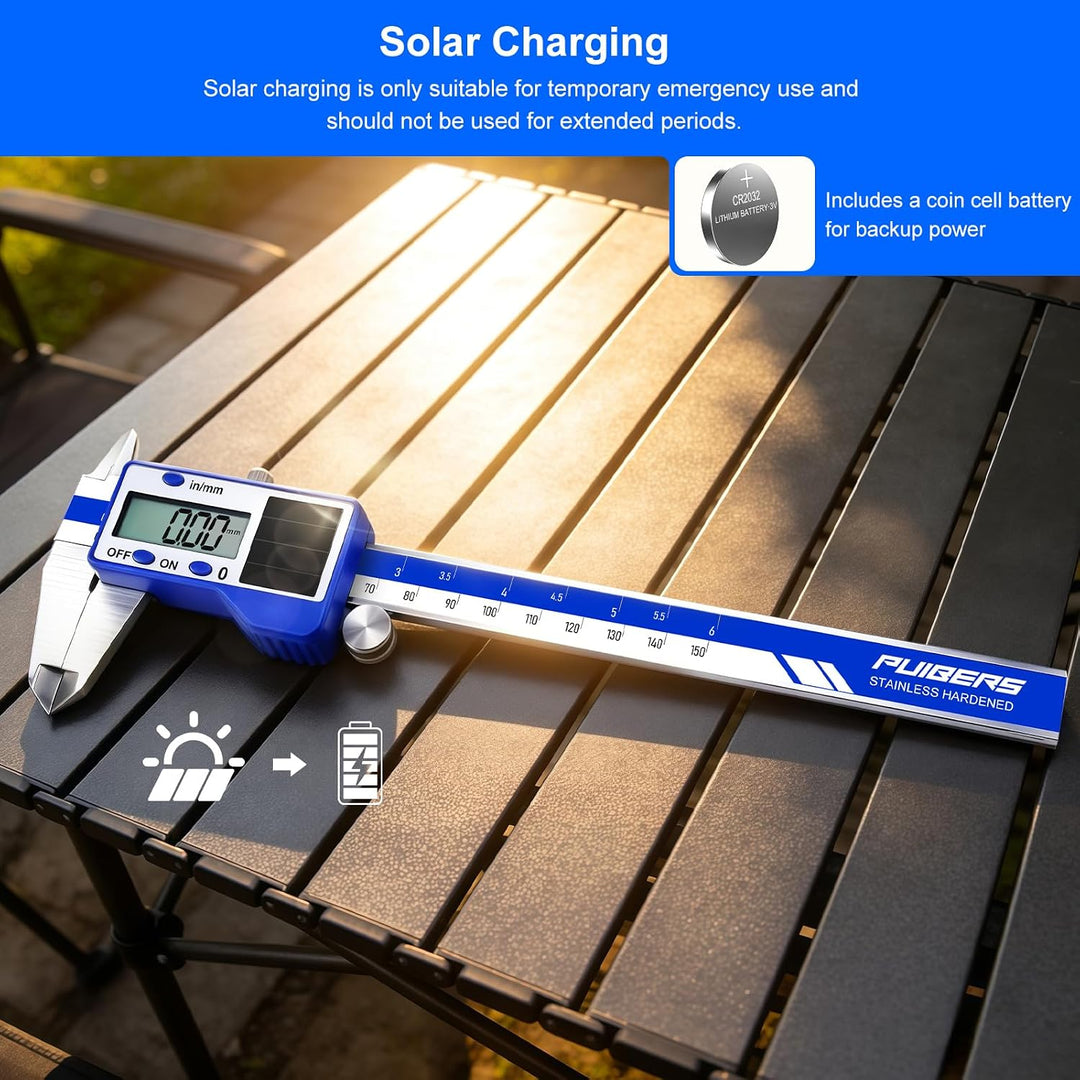 solar-powered electronic vernier calipers, with dual IN/MM scale display, one-second reading, and pr