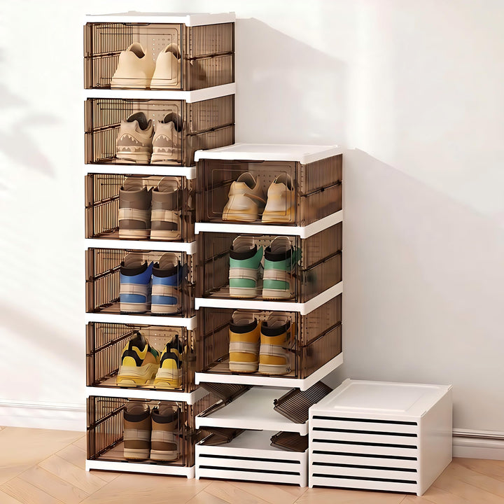 Schuhboxen Stapelbar, 6 Ebenen, Transparent, Faltbar, Dickem Kunststoff, für Sneaker bis Grösse 46,