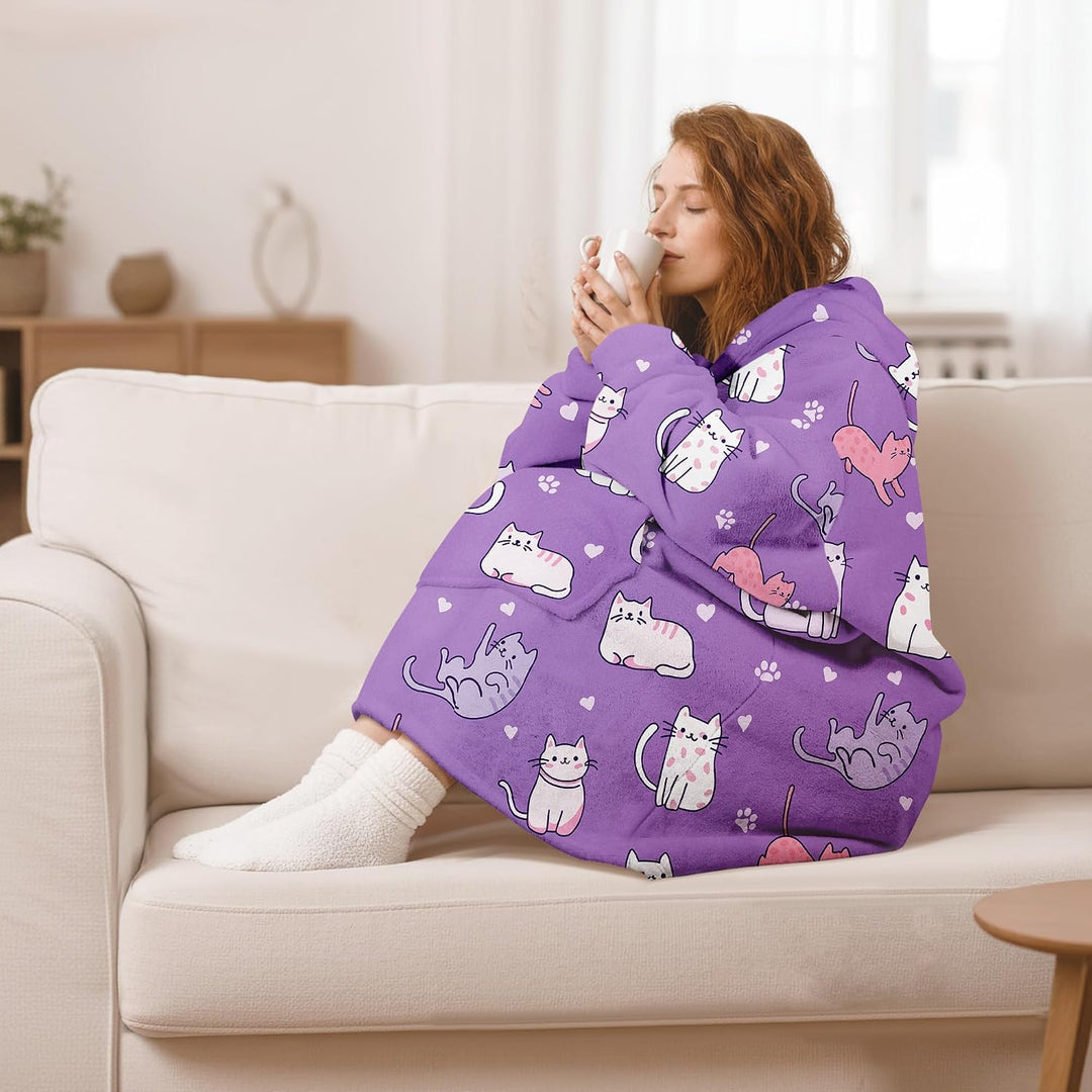 Hoodie Decke Oversize Katze Lila mit Ärmeln Kuscheldecke Deckenpullover für Damen Herren, Tragbare D