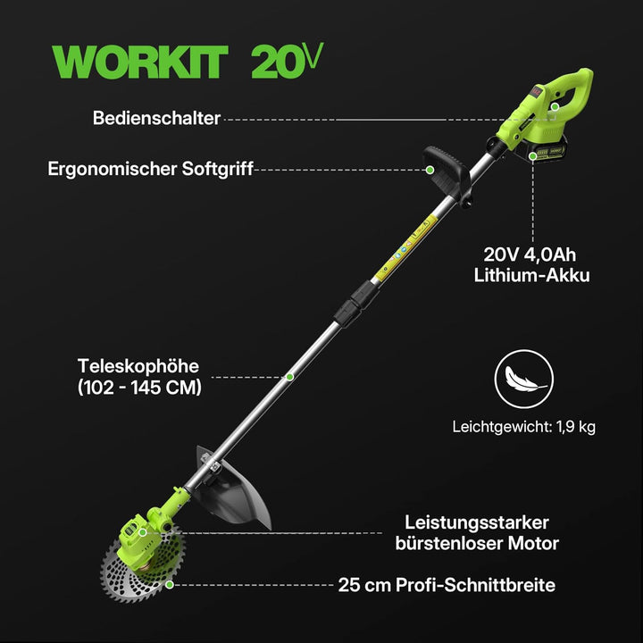 WORKIT Rasentrimmer mit Akku, Freischneider mit 2x4.0Ah Akkus und 4 Messertypen, Bürstenlose, 20V, S